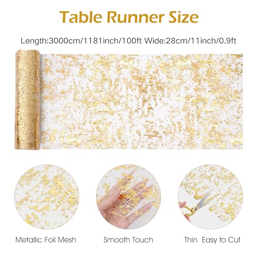 Gold Glitter Table Runner 11 Inch x 100 Feet - Metallic Foil Mesh Wedding Party Decor - Variation of Gold / 11 Inch x 100 Feet