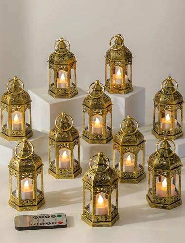 Vintage Gold Mini Lanterns Pack of 10 with Remote Control for Centerpieces
