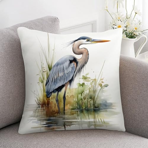 Watercolor Great Blue Heron Satin Throw Pillow Cover 18x18