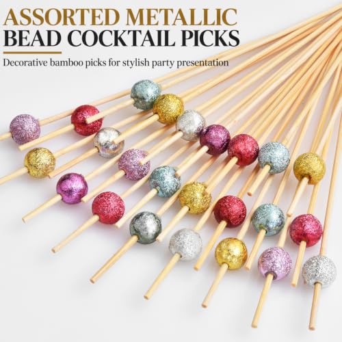 Assorted Metallic Bead Bamboo Cocktail Picks - Glitter, 4.72 Inch, 100 Pack