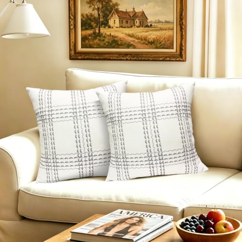 Light Gray Plaid Throw Pillow Covers 18x18 Inch Set of 2