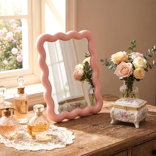 Wave-Shaped Pink Desk Mirror, Foldable Portable Makeup Mirror for Vanity