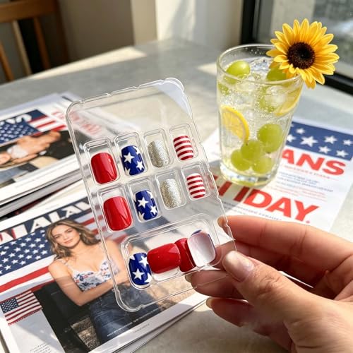 4th of July Press on Nails Short Square Blue Star False Nails