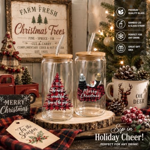 Christmas Glass Tumblers with Lids & Straws - Buffalo Plaid Truck Variation, 16 oz