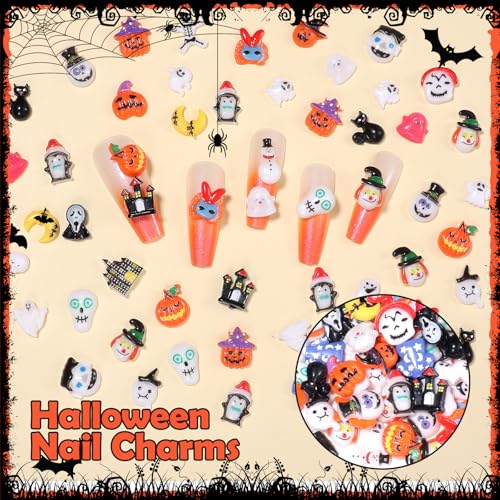 Uotey 100 Pcs Assorted Halloween Nail Charms 3D Resin Pumpkin Ghost Art