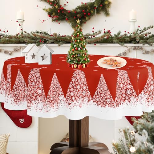Christmas Tablecloth 70 Inch Round Red Snowflakes Tree Theme Spillproof Washable Fabric Xmas Decor - Variation Xmas Tc 08 / 70"