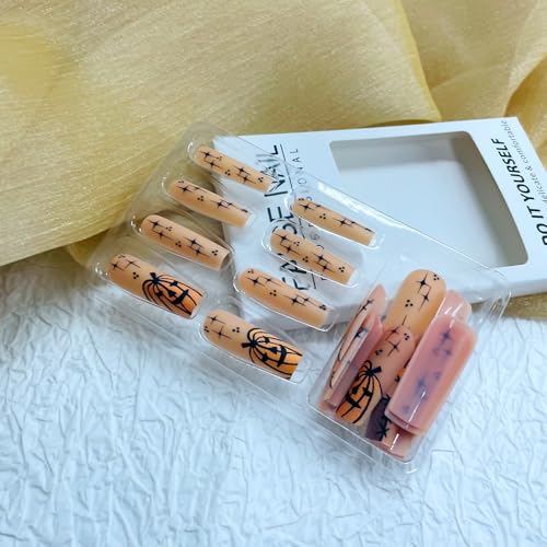 Long Square Halloween Press on Nails with Pumpkin Designs 24Pcs