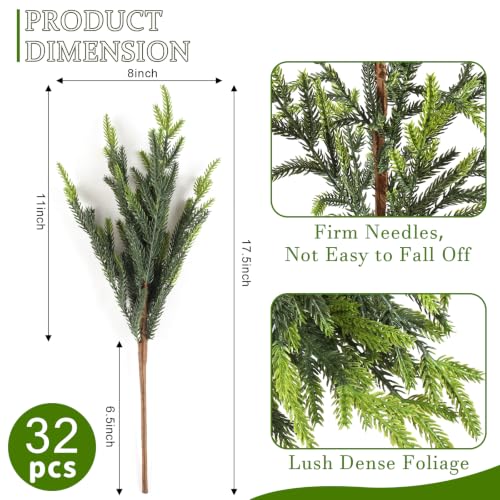32Pcs 18 Inch Artificial Norfolk Pine Branches Christmas Greenery - Real Touch Foliage