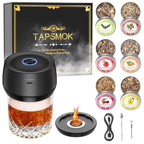 Tapsmok Electric Whiskey Smoker Kit: Rechargeable Cocktail Smoker for Old Fashioned & Bourbon Drinks with Built-in Lighter, No Butane Needed, 6 Wood Chips, Christmas Whiskey Gift for Men, Dad, Husband
