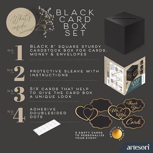 Artesori Black Wedding Card Box with Slot - 8x8" Gift & Envelope Holder