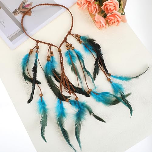 Guduling Blue Feather Indian Headband Boho Hippie Hair Accessory