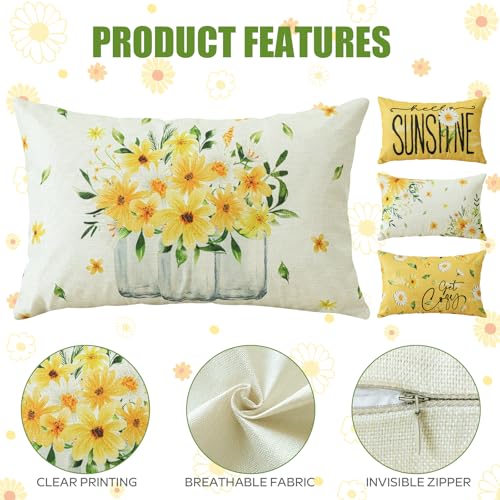 Daisy Flower Throw Pillow Covers Set of 4, 12x20 Inch - Summer Floral Decor