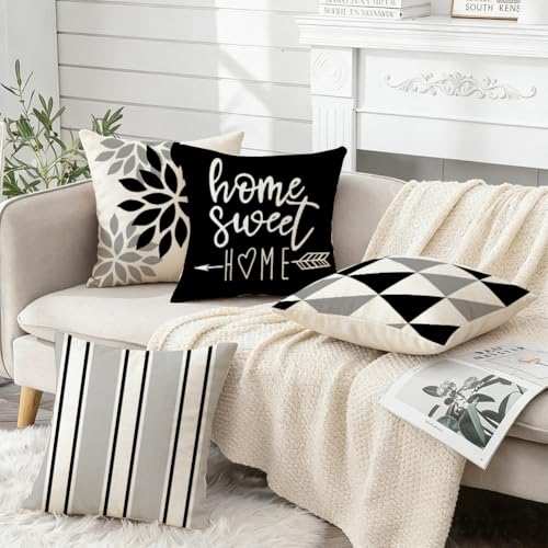 Black 20x20 Pillow Covers Set of 4 - Home Decor Throw Cushion Covers with Striped Geometric Design