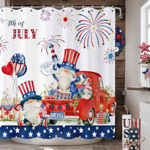 Caheansi 4th of July Gnomes Shower Curtain, Patriotic Red Blue Stars, 72x72 Inches, Pack of 1