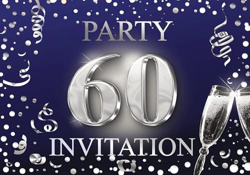 Elegant 60th Birthday Invitation Cards - Set of 10, Dark Blue & Silver