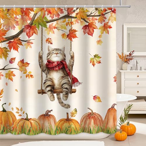 Thanksgiving Cat Pumpkin Shower Curtain - 72x72 Polyester Decor