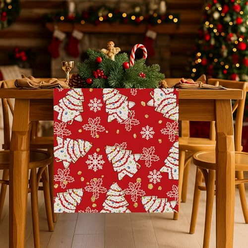 Christmas Tree Cake Table Runner Red 13x48 Inch Holiday Kitchen Dining Decor
