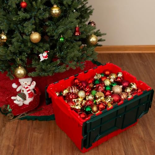 Stackable Plastic Storage Totes with Hinged Lids - 12 Gallon, Red/Green, 1-Pack
