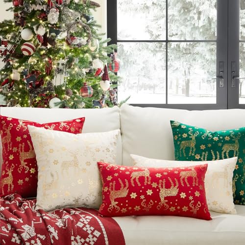 Topfinel Christmas Pillow Covers 16x16 (Set of 2) - Cream Velvet with Snowflakes & Reindeer