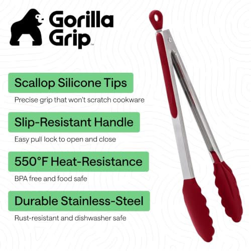 Gorilla Grip Stainless Steel Kitchen Tongs 2-Pack with Red Silicone Tips, 9” & 12”