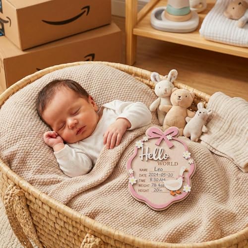Pink Wooden Hello World Baby Announcement Sign with Stand