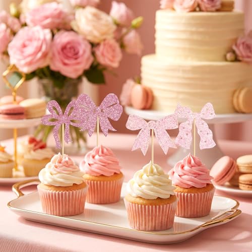24 Pink Bow Cupcake Toppers - Pre-Assembled Party Decorations