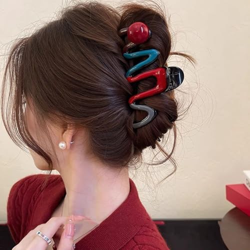 FRUZJAY Wavy Acrylic Hair Claw Clip with Red Beads Strong Hold Nonslip