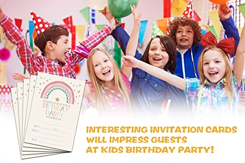 Pink Boho Rainbow Birthday Party Invitations with Envelopes, 4x6 Inches - 20 Pack