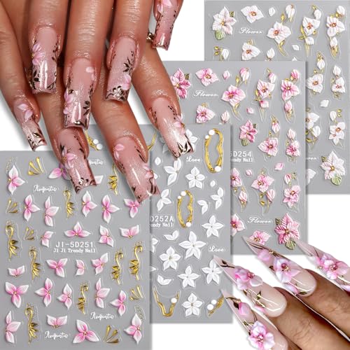 5D Embossed Flower Nail Stickers - Pink & White Floral Decals (4 Sheets)