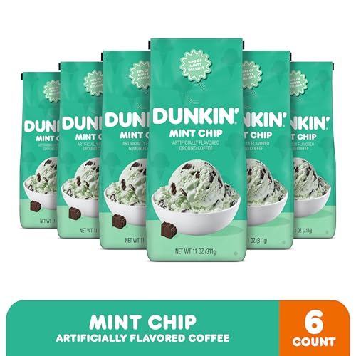 Dunkin' Mint Chip Ground Coffee, Dark Roast, 11 oz Bags (Pack of 6)