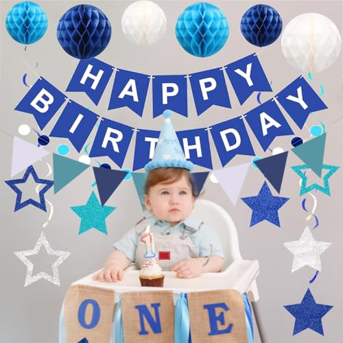 Blue Happy Birthday Decoration Set with Banner, Honeycomb Balls & Swirls