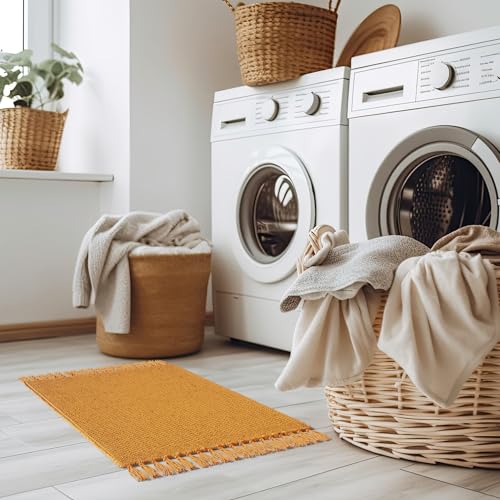 KIBAGA Set of 2 Mustard Boho Bathroom Rugs - Soft Cotton, Non-Slip, Washable