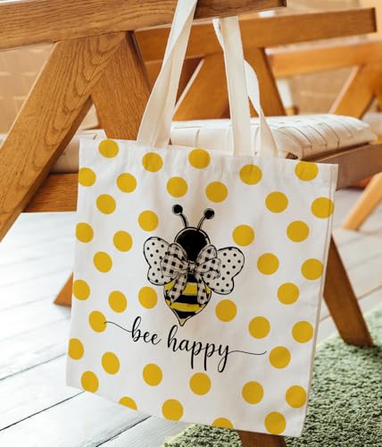 Bee Happy Canvas Tote Bag - Inspirational Reusable Grocery Bag