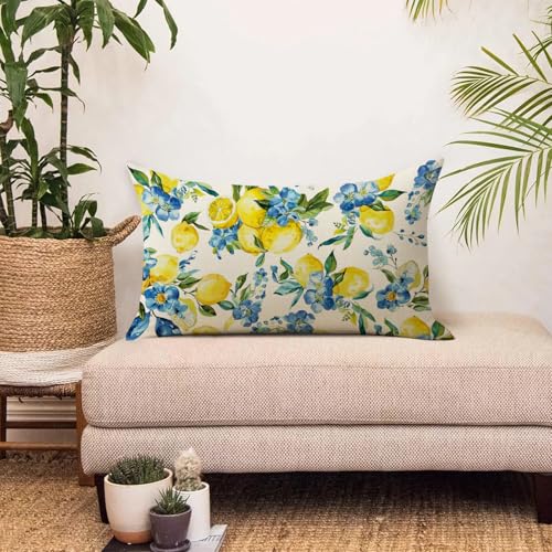 Lemon Floral Throw Pillow Cover 12 x 20 - Cotton Linen