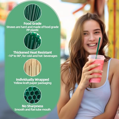 Sukh 100 Pack 6mm Green Plastic Drinking Straws, Individually Wrapped