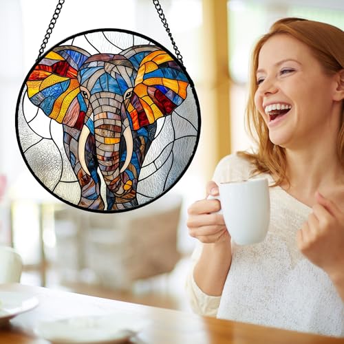 15-Inch Stained Glass Elephant Window Suncatcher - Silver, Gift for Women