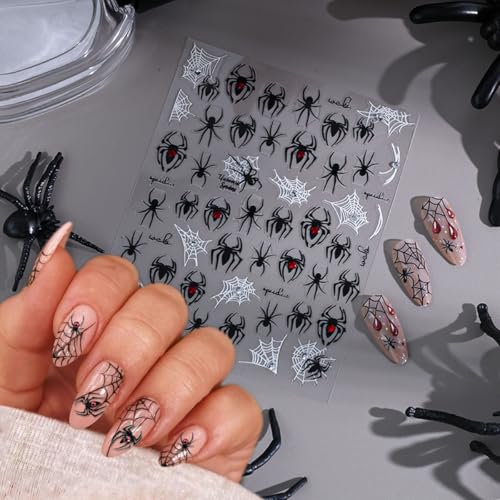 Halloween Nail Stickers 4 Sheets 3D Spider Web Decals with Red Rhinestones