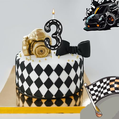 Racing Car Birthday Number Candle - Black & White Stripes, Number 3