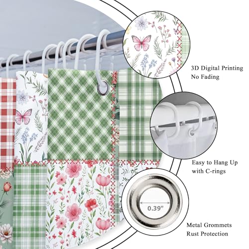 Riyidecor Patchwork Pink and Green Shower Curtain 72"x72" - Floral Design