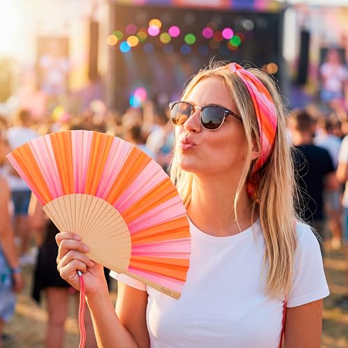 Fisura Colorful Pink and Orange Stripe Wooden Folding Fan with Wrist Strap – Summer Travel & Beach Accessory