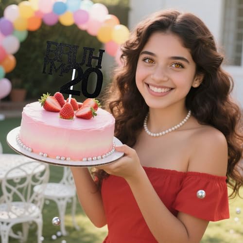 Black Glitter 20th Birthday Cake Topper - Bruh I'm 20 Decor