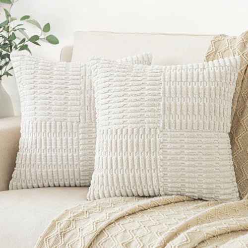 Cream Corduroy Throw Pillow Covers 18x18 - Set of 2 - Boho Textured