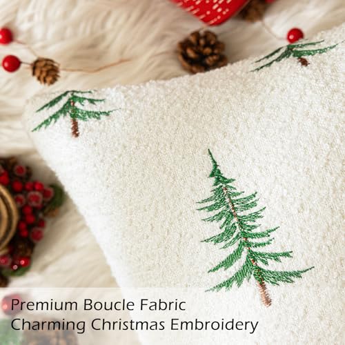 Christmas Tree Throw Pillow Cover 18x18 White Boucle with 3D Embroidery - Xmas Variation