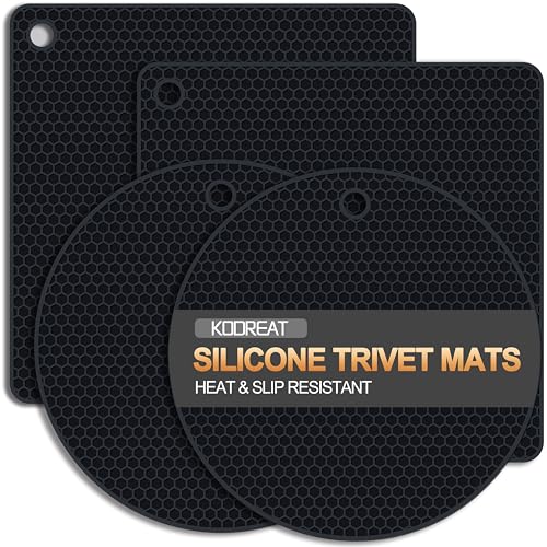 Kodreat Black Silicone Trivets 7.1x7.1in Pack of 4 Heat-Resistant Kitchen Hot Pads
