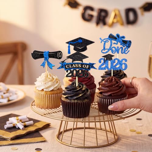 Class of 2026 Blue Glitter Graduation Cupcake Toppers 24 PCS