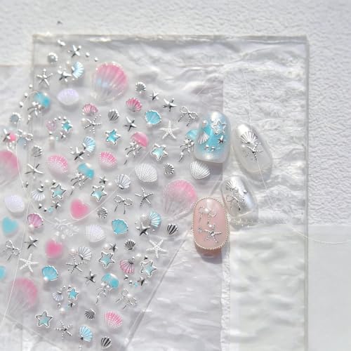 5D Embossed Shell Nail Stickers Silvery Ocean Starfish Decals