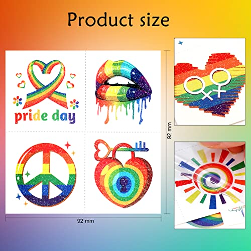 Qpout 48 PCS Glitter Rainbow Temporary Tattoos Waterproof Pride Stickers
