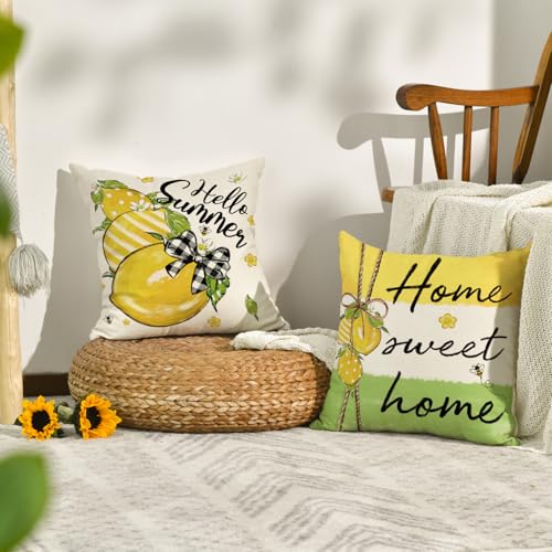 Hello Summer Lemon Throw Pillow Covers Set of 4 - 18x18 Inch