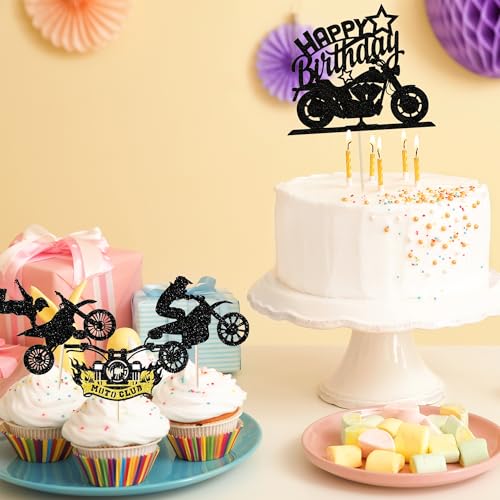 13-Piece Motorcycle Birthday Cake Toppers Set - Glitter Motocross Decorations