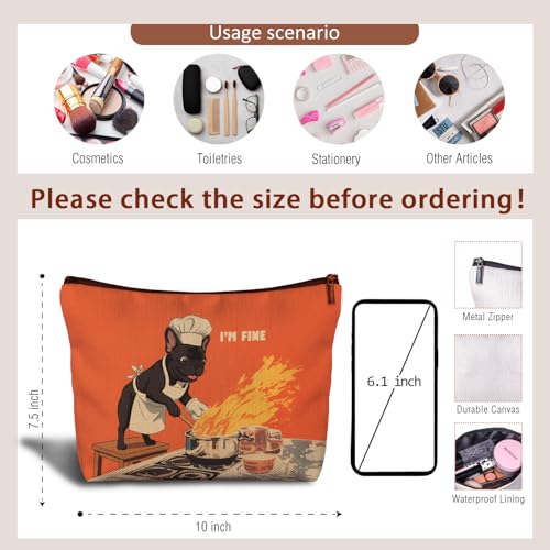 French Bulldog Linen Makeup Bag - Funny Cooking Frenchie Travel Pouch